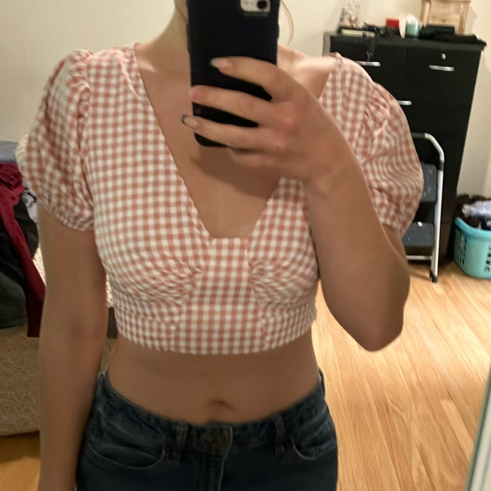 Gingham Puff Sleeve Crop Top - Pink